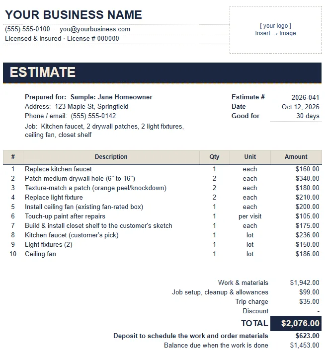 Tab 6, the client estimate: line items, a $2,076 total, a $623 deposit, payment and change-order terms and a signature line.